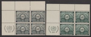 United Nations Scott# 19-20 1953 MNH Corner Blocks of 4