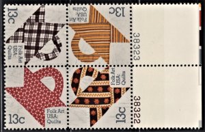 US 1745-1748 MNH VF 13 Cent Folk Art Quilts! Plate Block of 4