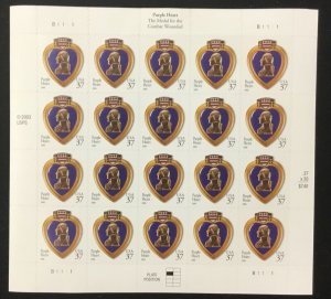 3784   Purple Heart   11 1/4 x 10 3/4   MNH 37 c Sheet of 20  FV $7.40    2003