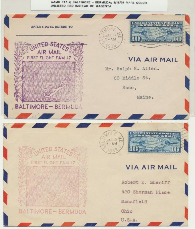 USA 1938, AAMC F17-2 BALTIMORE-BERMUDA 1sT FLIGHT COVERS(2) 1 WITH RARE RED H/S