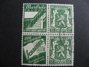 Belgium Sc 273 U block 2 stamps 2 advertising labels Marbrite, Schaubek