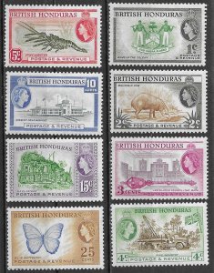 British Honduras short set of 1953, Scott 144-151 MLH / MH, butterfly, lobster