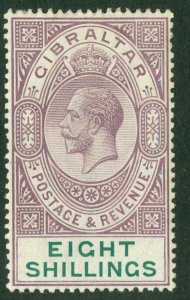 SG 84 Gibraltar 1912-24. 8/- dull purple & green. A fine fresh mounted mint...