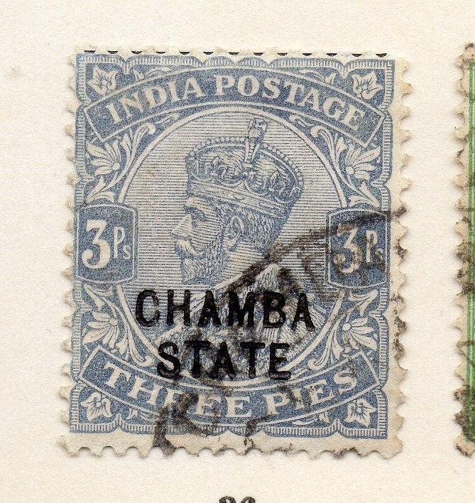 Indian States Chamba 1913 GV  Early Issue Fine Used 3p. Optd 157026