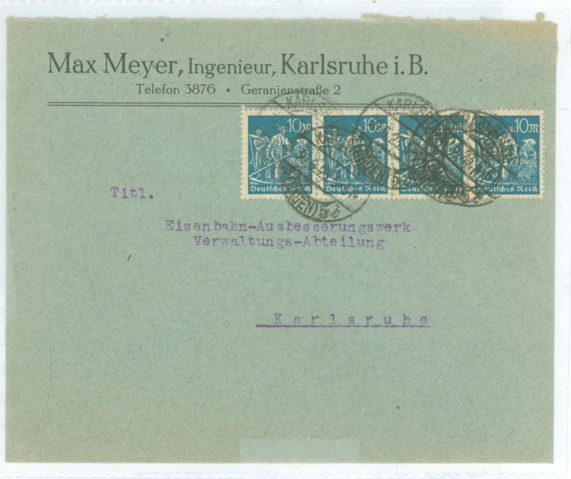 Germany 222 Inflation cover, four 10 mark stamps paying fees on this cover mailed from and to Karlsruhe on this June 30, 1923 (l