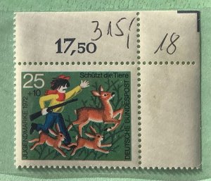 Germany 1972 Scott B482 MNH - 25+10pf, Animals protection, Hunter, deer & rabbit