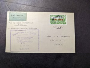 1931 New Zealand Special Christmas Eve Airmail Cover Blenheim to Dunedin