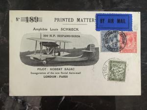 1925 England First Flight Postcard Cover to paris France Seaplane 120 Carried