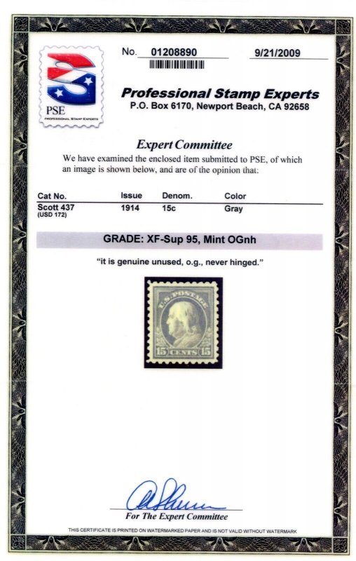 US SCOTT #437 MINT-XF-SUPERB-OG-NH GRADED 95 W/ PSE CERT SMQ $1,700 (8/13/24 GP)