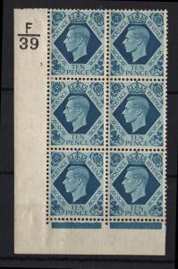 GB 1937 Dark colours 10d F39 cyl 1 no dot IE corner blk of 6, mint, dry gum ca