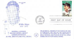 DBC Cachet Willie Mays HOF 1st Day #2417 Lou Gehrig Baseball 1989