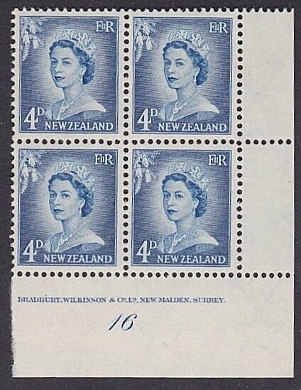 NEW ZEALAND 1955 4d large figures plate block # 16 MNH......................P802