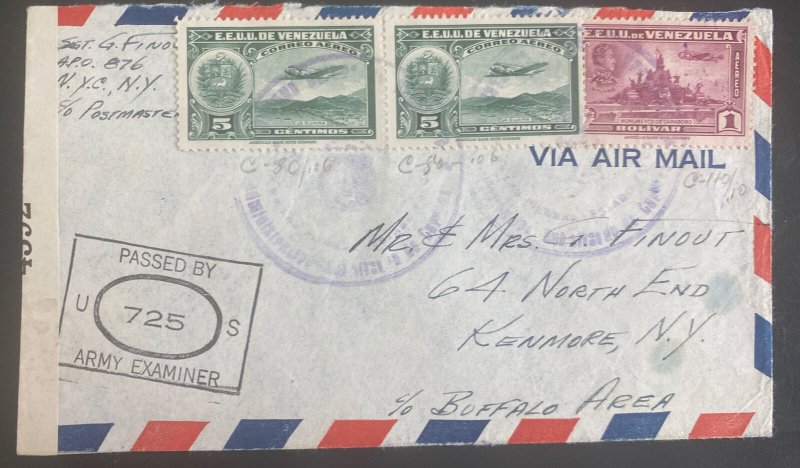 1942 Las Piedras Venezuela APO 876 Censored Airmail Cover To Kenmore NY Usa 