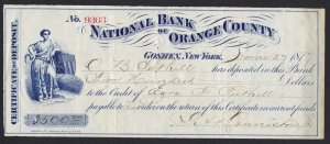 U.S. 1877 GOSHEN N.Y. NATIONAL BANK CHECK OF ORANGE COUNTY