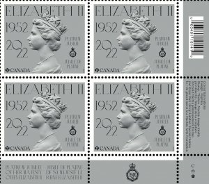 eq.t. QUEEN ELIZABETH II = PLATINUM JUBILEE = LR Corner Block 4 MNH Canada 2022
