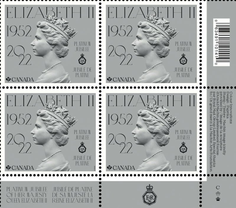 eq.t. QUEEN ELIZABETH II = PLATINUM JUBILEE = LR Corner Block 4 MNH Canada 2022