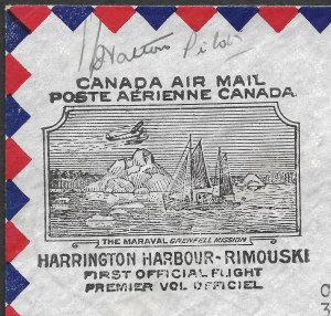 Doyle's_Stamps: Postal History: Harrington Harbor-Rimouski 1st Flt w/Pilot Signa