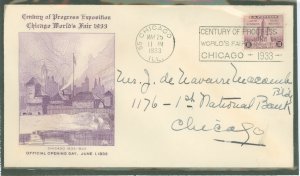 US 728 1933 3c century of progress single on an addressed fdc with a grimsland cachet