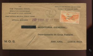 Canal Zone CO2 Airpost Official Used on OB Penalty Cover to Costa Rica CZ MOB5