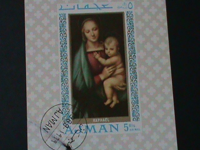 ​AJMAN-CHRISTMAS PAINTING-VIRGIN & THE CHILD IMPERF-CTO-S/S-VF-FANCY CANCEL