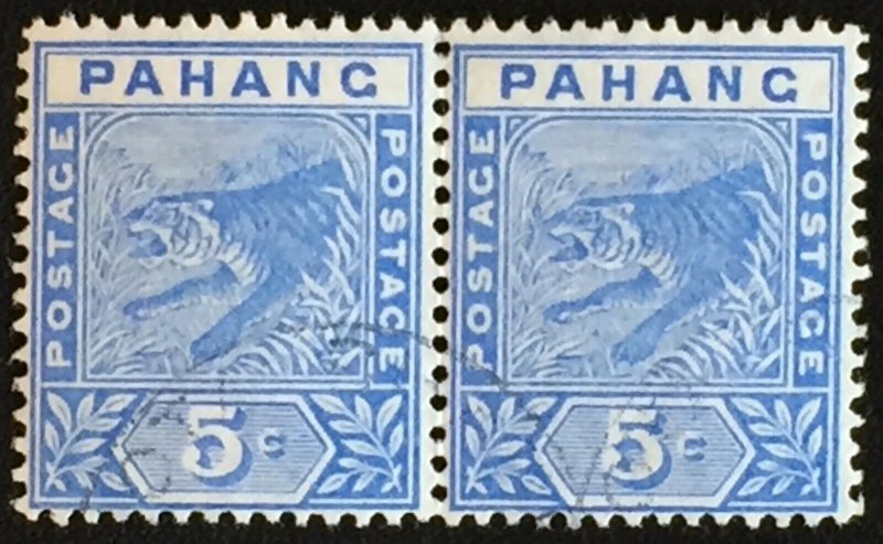 Malaya 1893 Pahang Tiger 5c pair Fine Used SG#13 M2437