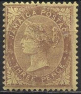 Jamaica 48 (mh) 3p Victoria, pale pur on yel paper (1910)