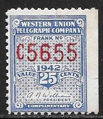 USA 16T107, 25c Western Union 1942, single, H, NG, F-VF