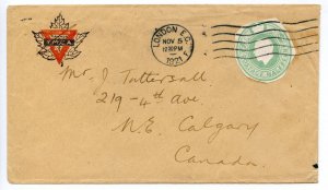 GB 1921 1/2d Green Postal Stationery Cutout On Cover from London to Canada