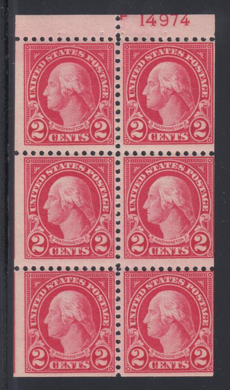 US Sc 554c MNH. 1923 2c Washington Booklet Pane with 90% Plate No. 14974