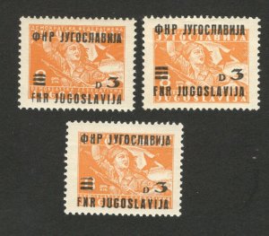 YUGOSLAVIA - 3 MNH STAMPS, 3/8 din. - DIFERENT OVERPRINT - 1949. 