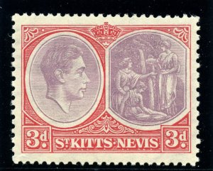 St Kitts-Nevis 1938 KGVI 3d dull reddish purple & scarlet MLH. SG 73. Sc 84a.