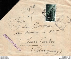 Certificated Spain cover sent to Uruguay with Barcelona Postmark