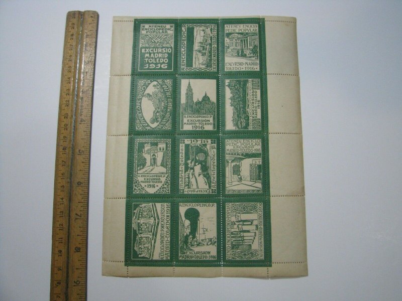 1916 Spain Madrid Toledo 12 Poster Stamps Sheet Athiests Travel Tour - See Desc