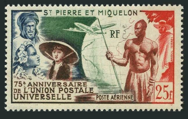 St Pierre & Miquelon C18,MNH.Michel 37. UPU-75,1949.French Colonials,Plane,Globe