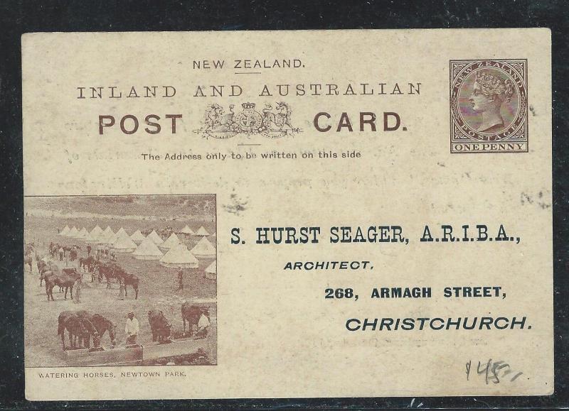 NEW ZEALAND (P1506B) QV PICTORIAL WHITE CARD BLACK, WATERING HORSES NOT SENT