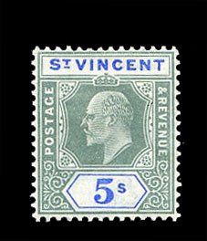 St. Vincent #79 (SG 84) Cat£75, 1902 Edward, 5sh green and ultramarine, hing...