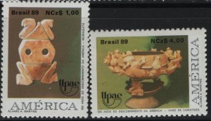 BRAZIL, 2208-2209, MNH, 1989, UPAE EMBLEM & PRE-COLUMBIAN STONE CARVINGS