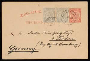 TRANSVAAL 1884 use of 'Vurtheim' 1d red Postcard, uprated ½d (2). To Germany.