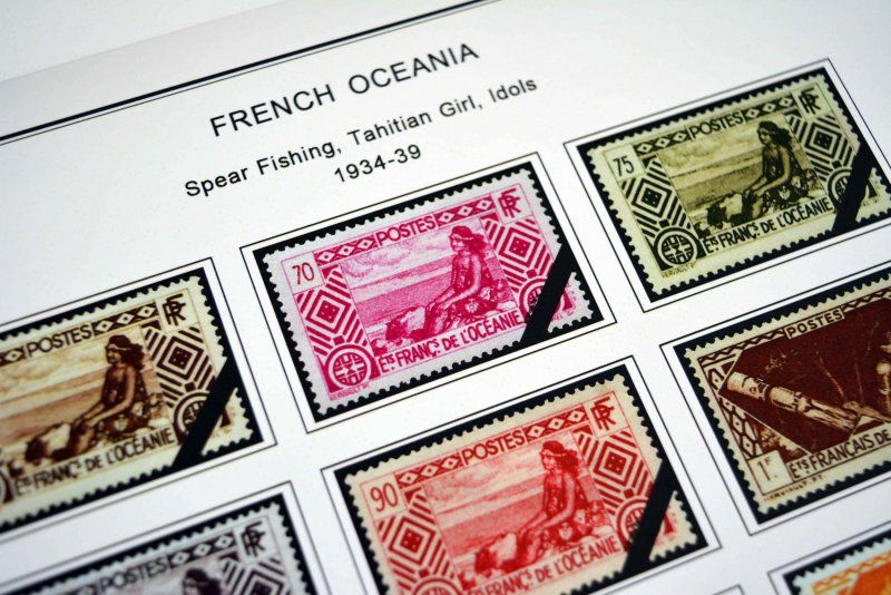 COLOR PRINTED FRENCH OCEANIA 1892-1956 STAMP ALBUM PAGES (27 illustrated pages)