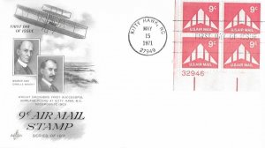 1971 Air Mail FDC, #C77, 9c Delta Plane, Art Craft, plate block