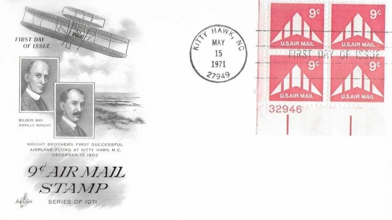 1971 Air Mail FDC, #C77, 9c Delta Plane, Art Craft, plate block