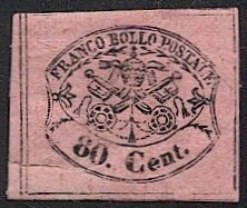 ITALIAN STATES Roman States 1867 Sc 18  80c glazed paper, mint H, tear Reprint