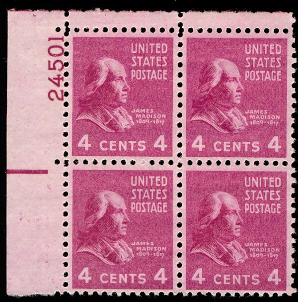 US #808 PLATE BLOCK, SUPERB mint never hinged, 4c Madison, stock photo,   SUP...