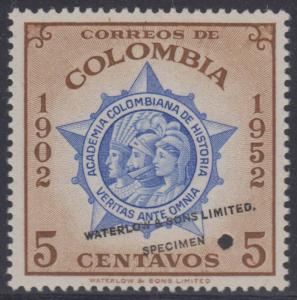 COLOMBIA 1954 HISTORY ACADEMY SEAL Sc 625 PERF PROOF + SPECIMEN MNH VF 