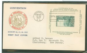 US 797 1937 10c Smoky Mountain Farley mini-sheet franked this addressed first day cover with a Plimpton cachet.