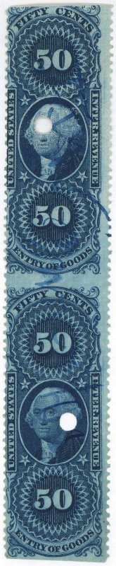 551 U.S. revenue Scott R55b pair, 50-cent Entry of Goods part perf, SCV = $300