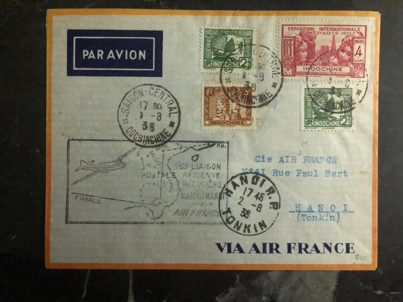 1938 Saigon  to Hanoi Vietnam First Flight Cover via Air France FFC 100 Flown