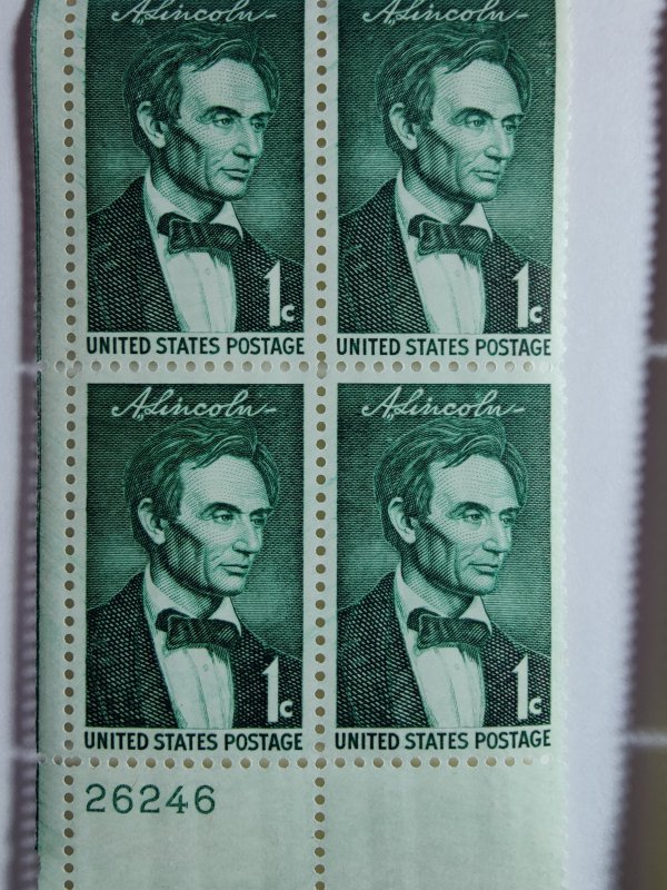 SCOTT#1113 ONE CENT ABE LINCOLN PLATE BLOCK # 26246 LL MINT NEVER HINGED