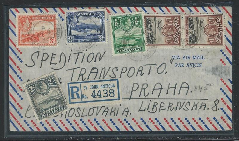 ANTIGUA (P0912B) 1946 KGVI 1/2D+2D+2 1/2D+3D+1/-X2 REG A/M TO CZECHOSLOVAKIA