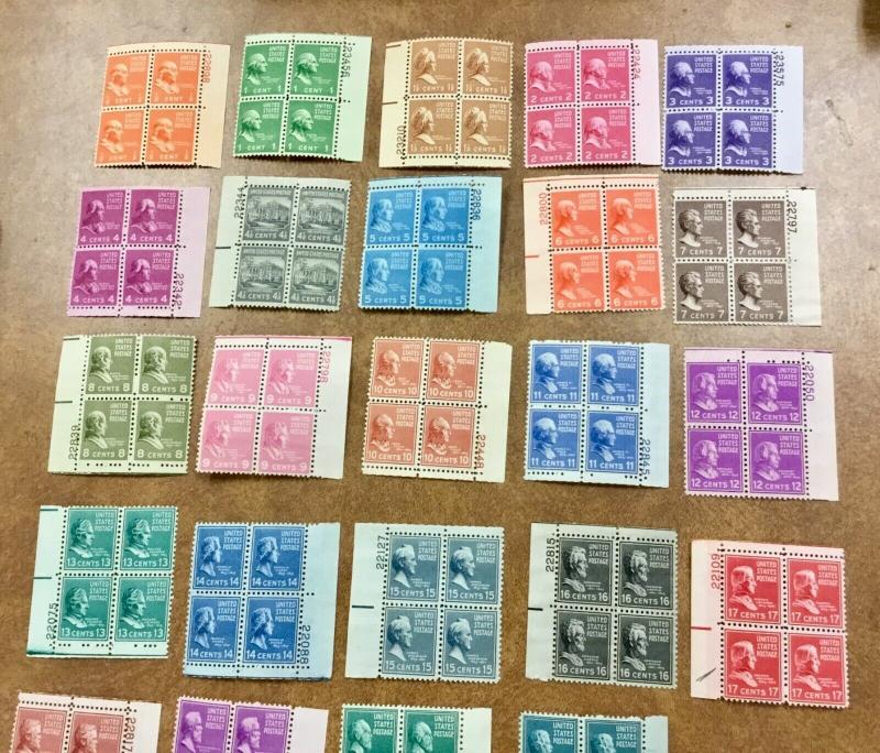 US #803- 826  1938 Prexie Short set to 21c  24 Plate Blocks of 4, NH F/ VF 